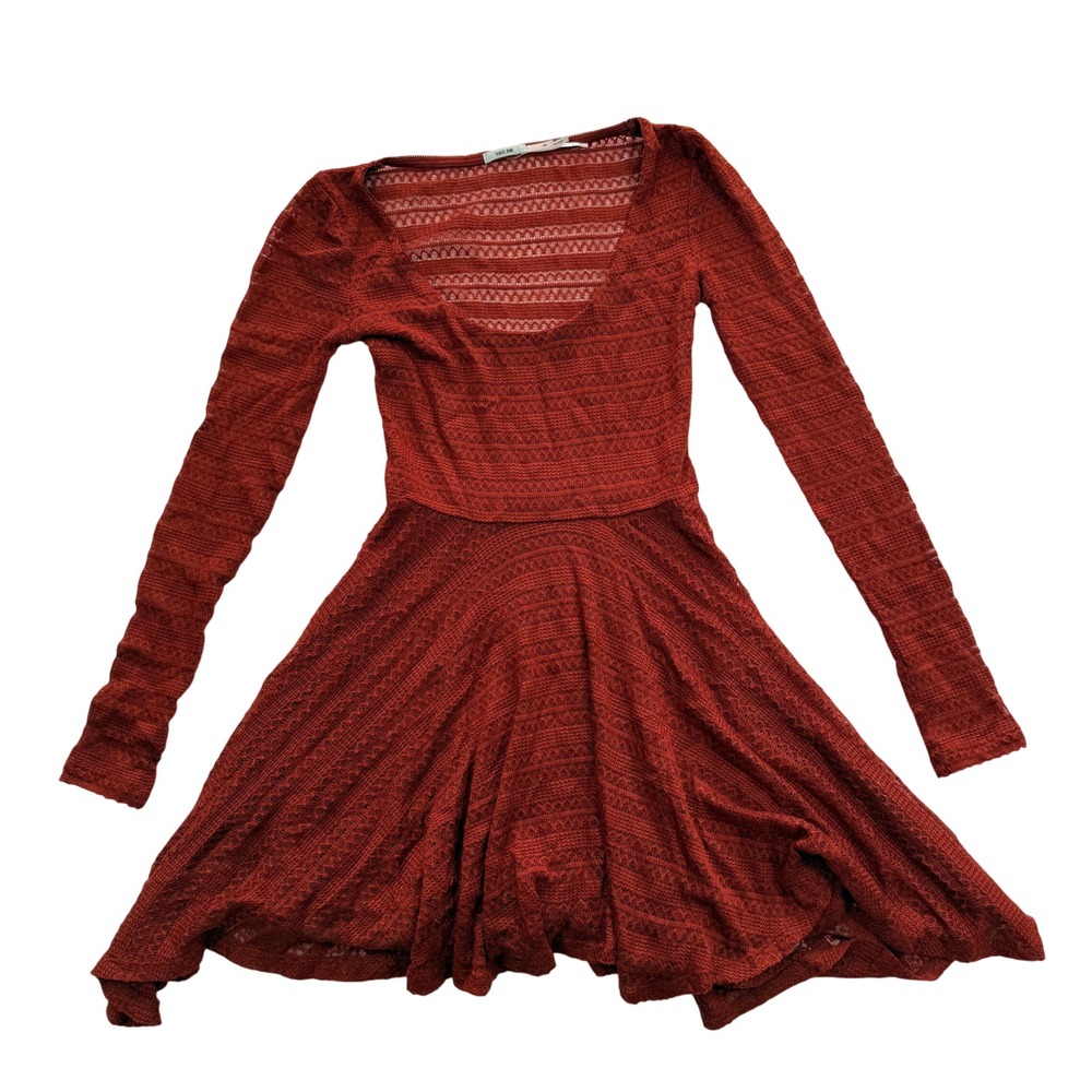 Kimchi Blue Rust Orange Pointelle Lace‎ Long Sleeve Fit Flare Mini Dress XS
